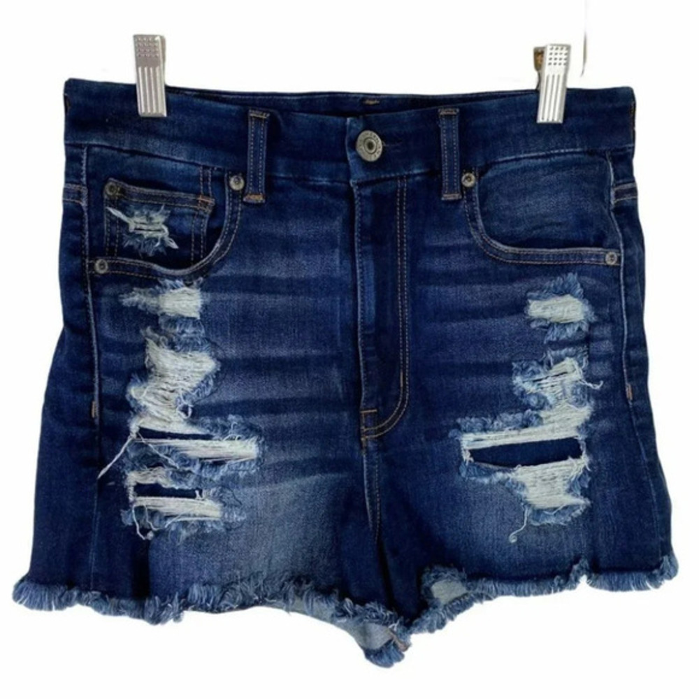 American Eagle Curvy Hi-Rise Shortie 6 Dark Blue Distressed Raw Hem Denim Shorts